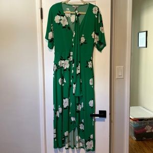 Faux wrap dress with detachable tie.